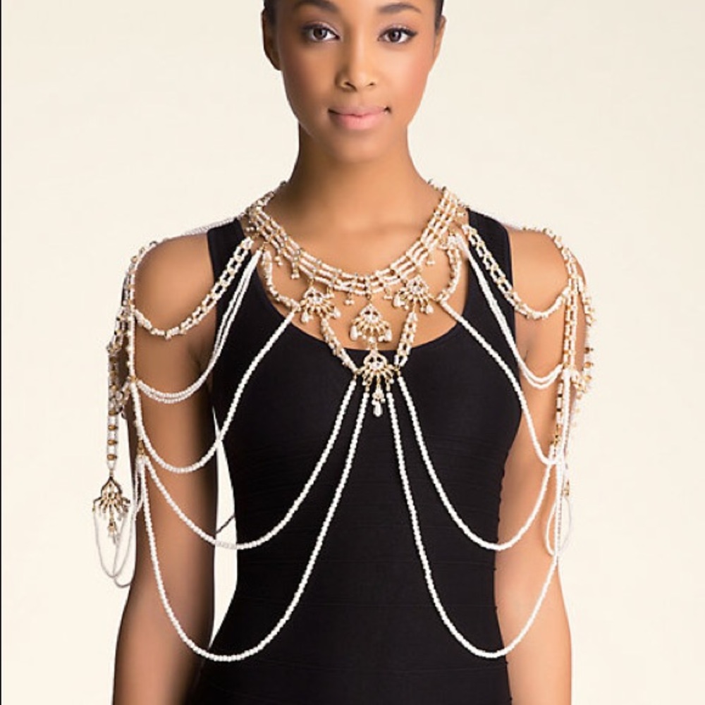 Bebe faux pearl shoulder necklace body chain